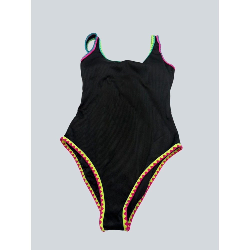 Popvil Womens Ribbed One Piece Swimsuit Black Neon Pink Yellow Trim High Cut NEW